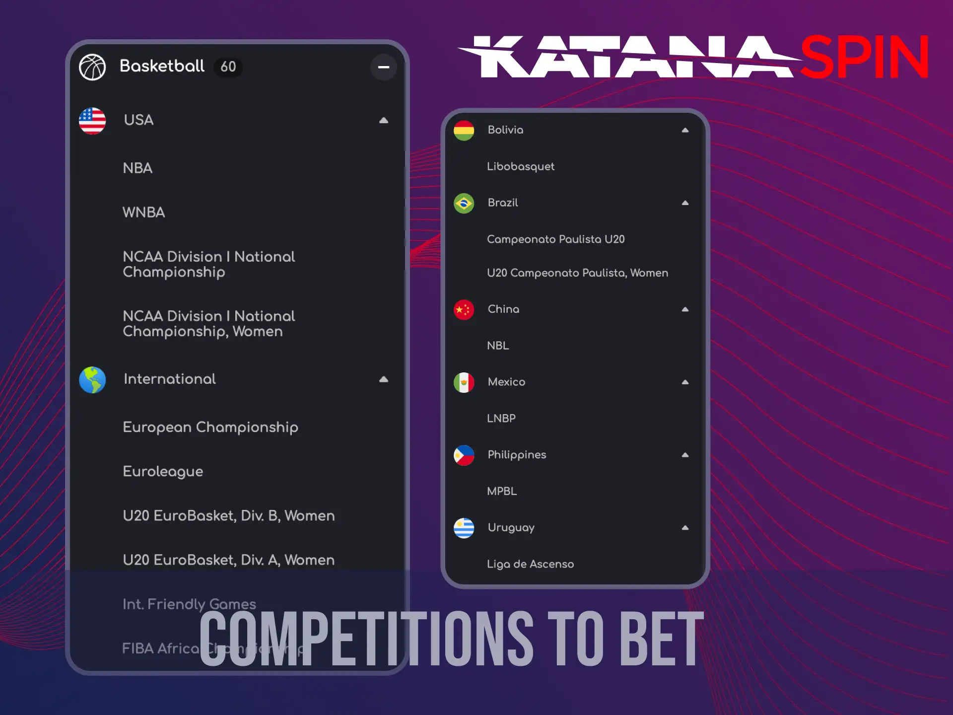 Katanaspin supports betting on dozens of national and international basketball competitions, including AI-driven events.