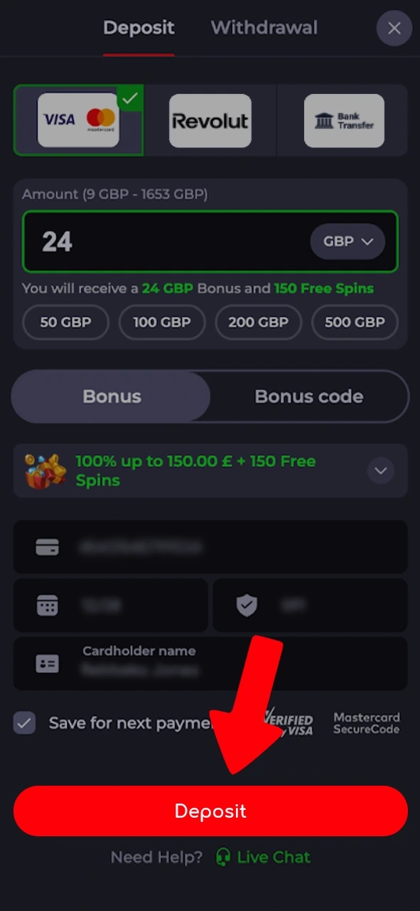 Make a deposit on Katanaspin by selecting a payment method and entering the amount.